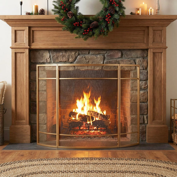 English Elm Regina Curved Iron Fireplace Screen with Welded Grid for Modern Minimalist Interiors Golden N775P386929G