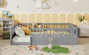 English Elm Full Montessori floor bed offering high rails, built-in light and shelf for safe independent sleep and storage Grey 79.13 L x 13 W x 6.3 H W2593P333796