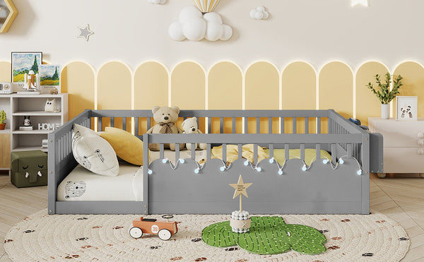 English Elm Full Montessori floor bed offering high rails, built-in light and shelf for safe independent sleep and storage Grey 79.13 L x 13 W x 6.3 H W2593P333796