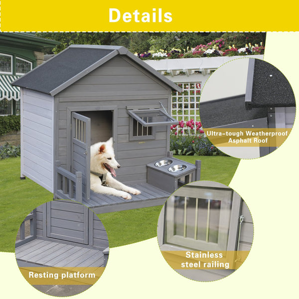 English Elm Large Breed Outdoor Doghouse Solid Fir Wood Covered Porch Weatherproof Asphalt Roof W1431S00010