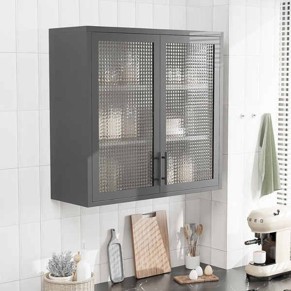English Elm Retro Wall-Mounted Cabinet With Hazy Glass Doors & Adjustable Shelves For Stylish Home Storage Solutions W2378P176276-GIGA