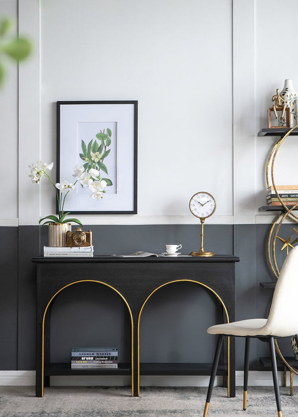 English Elm 47.2x15.7x31.9" Matte Black Wood Console Table with Arched Legs Gold Accents Shelf W2078P476728