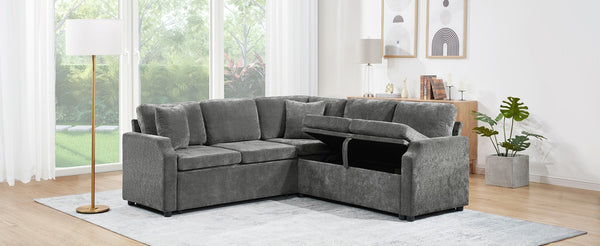 English Elm Sectional Sofa Bed - Versatile L-Shaped Chenille Sofa With Sleeper, Hidden Storage & Pillows, Gray N719S002070E-GIGA