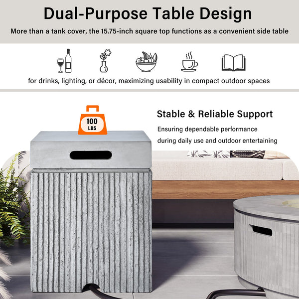 English Elm U_style Outdoor Mgo Propane Tank Cover Table Fluted Stone Finish Patio Side Accent Gray N711P410564E