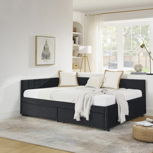 English Elm Full Size Upholstered Tufted Daybed Frame With Storage Drawers, Plush Velvet In Elegant Black Finish W1413S00088