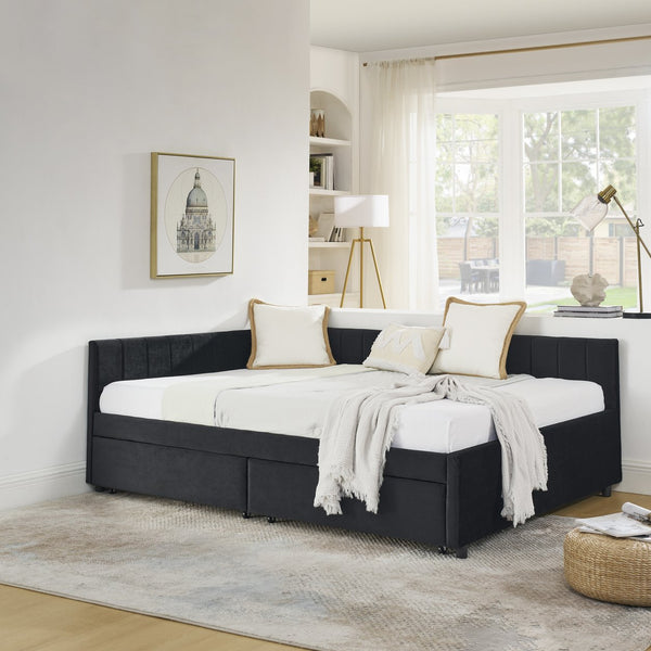 English Elm Full Size Upholstered Tufted Daybed Frame With Storage Drawers, Plush Velvet In Elegant Black Finish W1413S00088