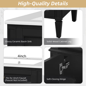English Elm 24" Bathroom Vanity with Ceramic Basin, French-Inspired Accent Carvings, Soft-Close Doors & Storage Black N710P293309B
