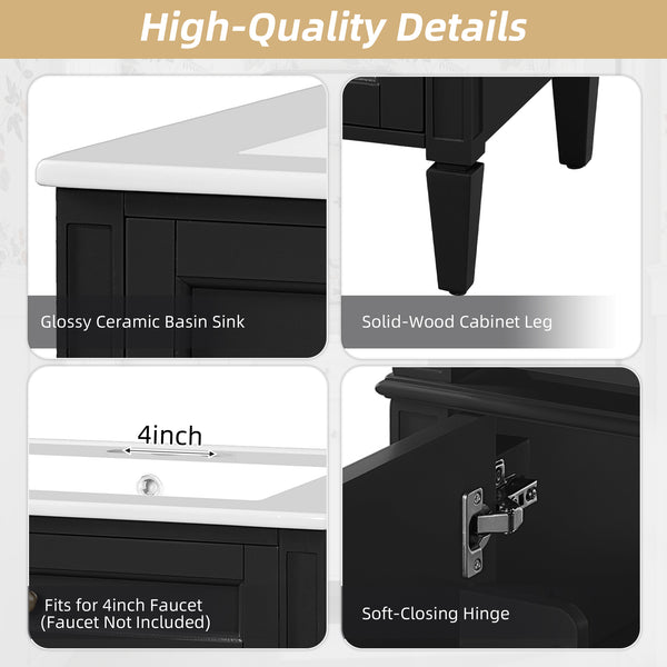 English Elm 24" Bathroom Vanity with Ceramic Basin, French-Inspired Accent Carvings, Soft-Close Doors & Storage Black N710P293309B