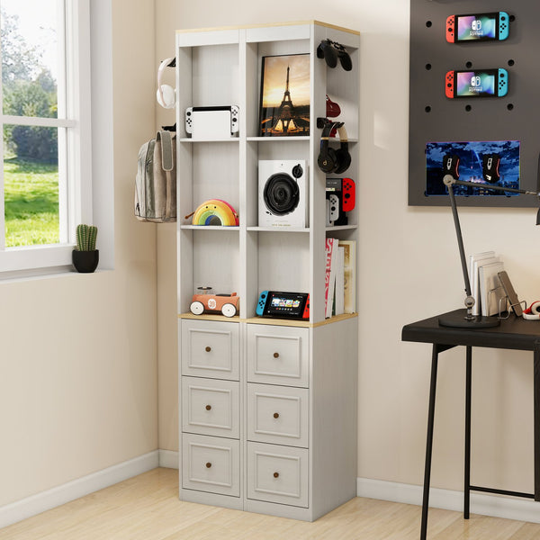 English Elm 73" Slim Tower Cabinet Antique White Mdf with Drawers Hooks and Display Shelves W1120P327084