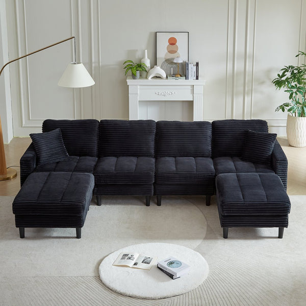 English Elm 122.5-Inch Oversized U-Shaped Modular Sofa Corduroy Sectional with Double Chaise, Ottoman, Pillows and Plastic Legs Black W1193S00121
