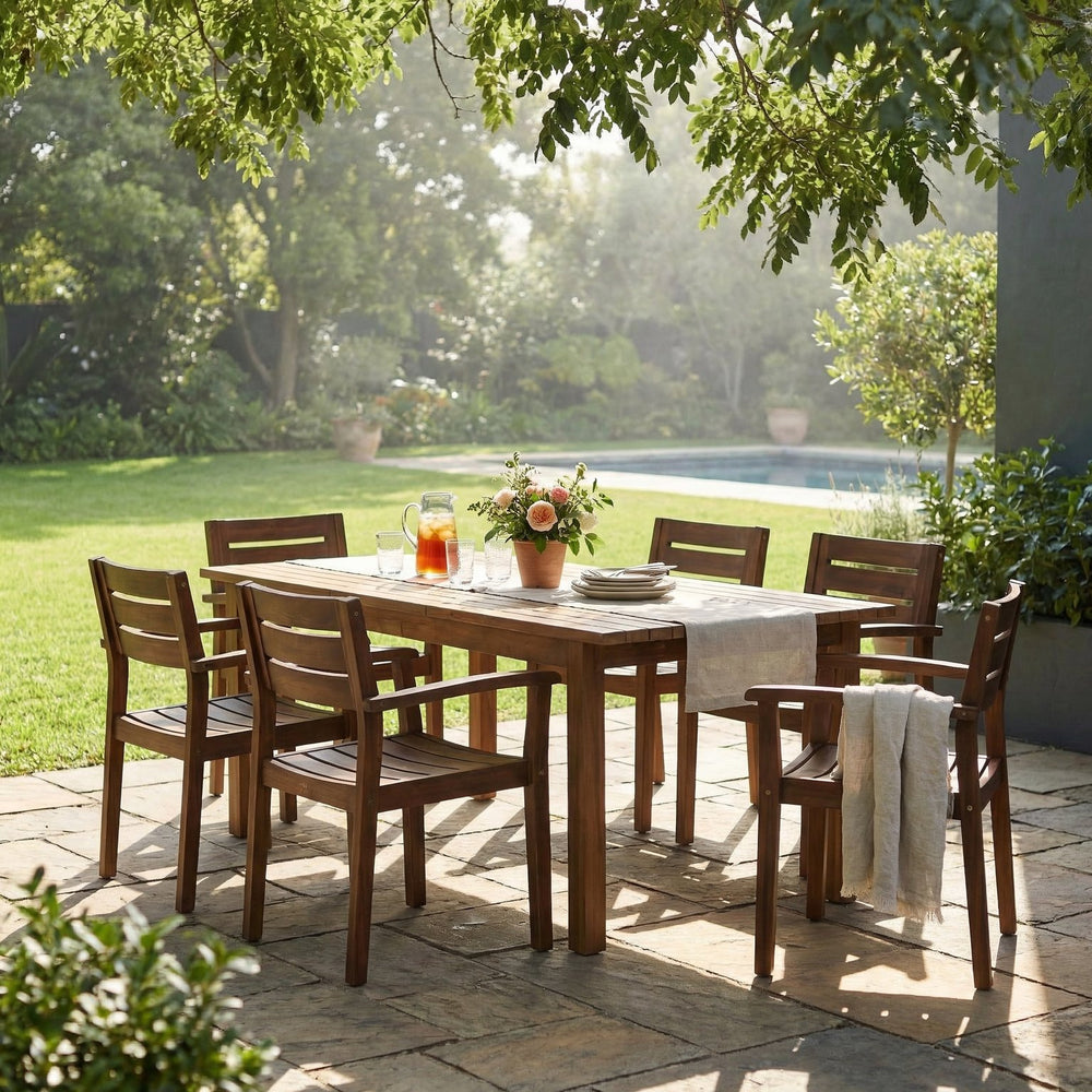 English Elm 7 Piece Solid Acacia Hardwood Expandable Outdoor Dining Set with Six Slatted Chairs Dark Brown,Teak N762S000033AAD