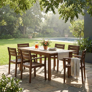 English Elm 7 Piece Solid Acacia Hardwood Expandable Outdoor Dining Set with Six Slatted Chairs Dark Brown,Teak N762S000033AAD