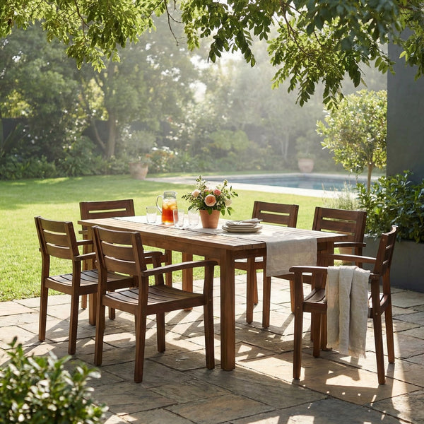 English Elm 7 Piece Solid Acacia Hardwood Expandable Outdoor Dining Set with Six Slatted Chairs Dark Brown,Teak N762S000033AAD