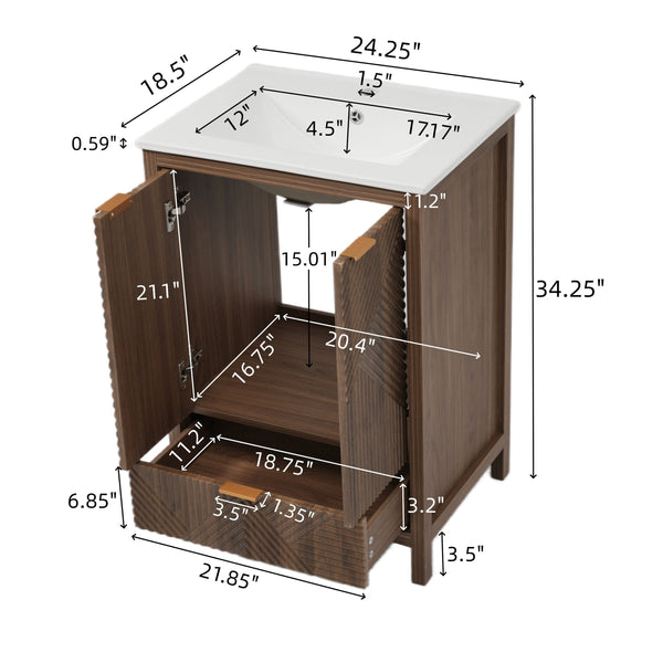 English Elm Christopher Knight Home® - 24 24-Inch Bathroom Vanity with Ceramic Sink, Textured Panels, Soft-Close Drawer & Large Storage Brown N817P339017B