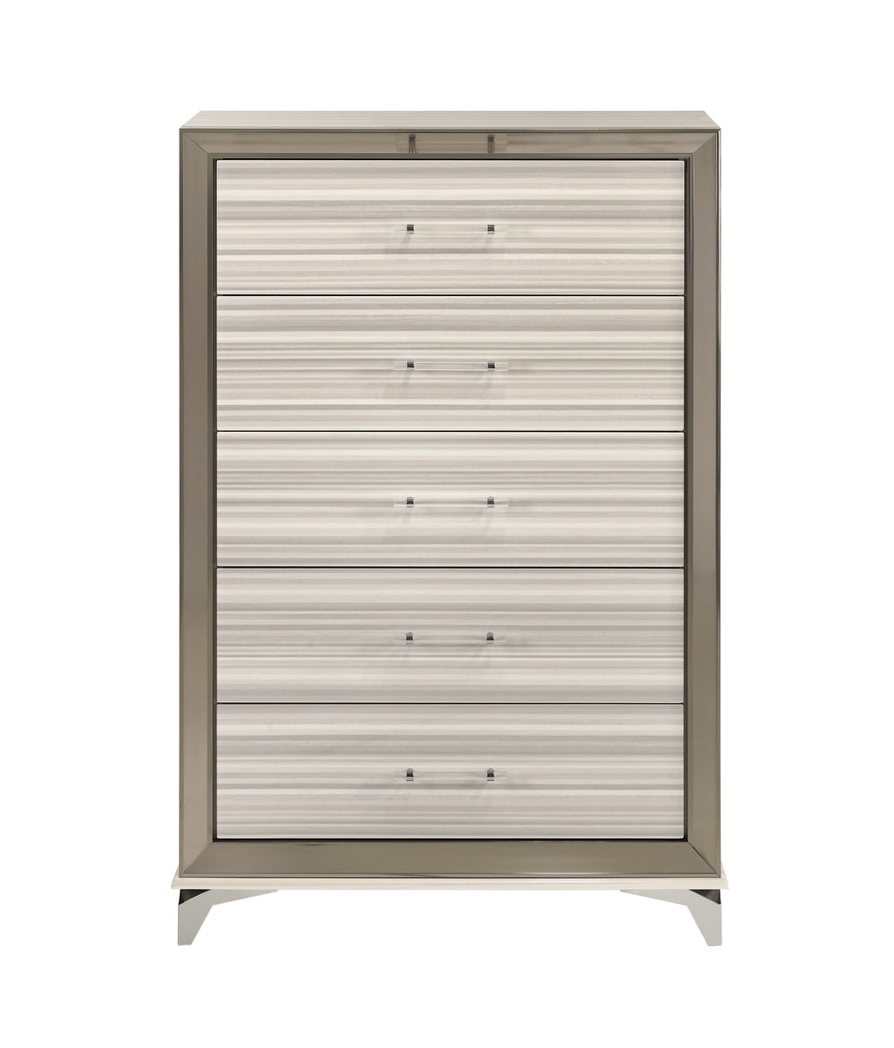 English Elm STAR Modern Chest with Built-In LED, Polished Chrome Accents, Acrylic Handles & Spacious Storage White 5.24 L x 74.8 W x 44.29 H B201P226358