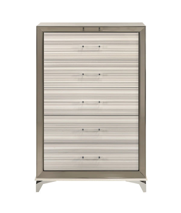 English Elm STAR Modern Chest with Built-In LED, Polished Chrome Accents, Acrylic Handles & Spacious Storage White 5.24 L x 74.8 W x 44.29 H B201P226358