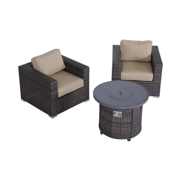 English Elm 3-Piece All-Weather Seating Group with 55,000 BTU Fire Pit, HDPE Wicker, 5" Cushions, Rustproof Frame B120S00086