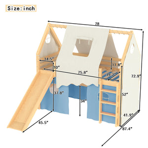 English Elm Twin Pine Loft Bed with House Frame Tent Led Lights Slide and Floor Space Below W1580S00290
