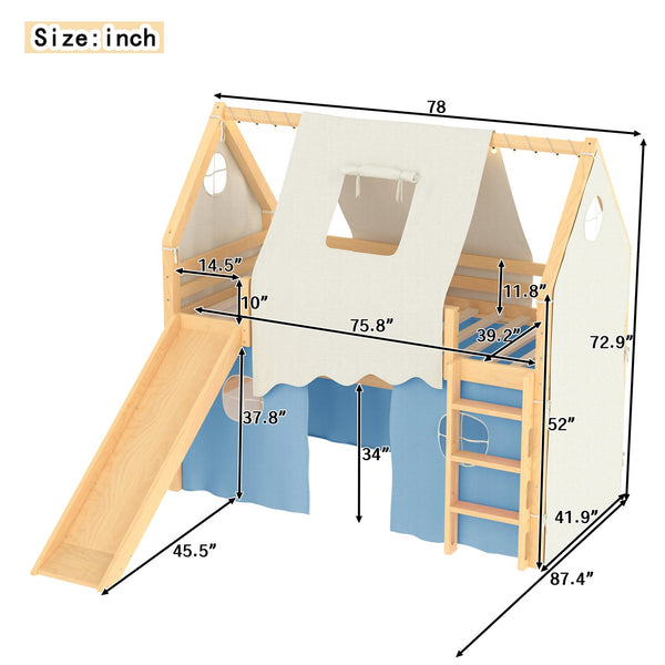 English Elm Twin Pine Loft Bed with House Frame Tent Led Lights Slide and Floor Space Below W1580S00290