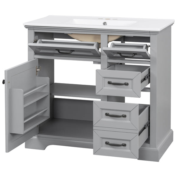 English Elm Christopher Knight Home® - 30" Bathroom Vanity with Sink Vintage Acacia Frame Ceramic Basin Soft-Close Doors & Storage Light Gray N759P313315E