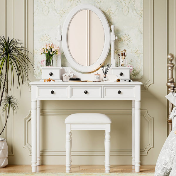 English Elm Vanity Vintage Wooden Makeup Desk with 180° Adjustable Mirror, 5 Velvet‑Lined Drawers & Cushioned Stool White 52.7 L x 22.5 W x 11 H N733P305139K