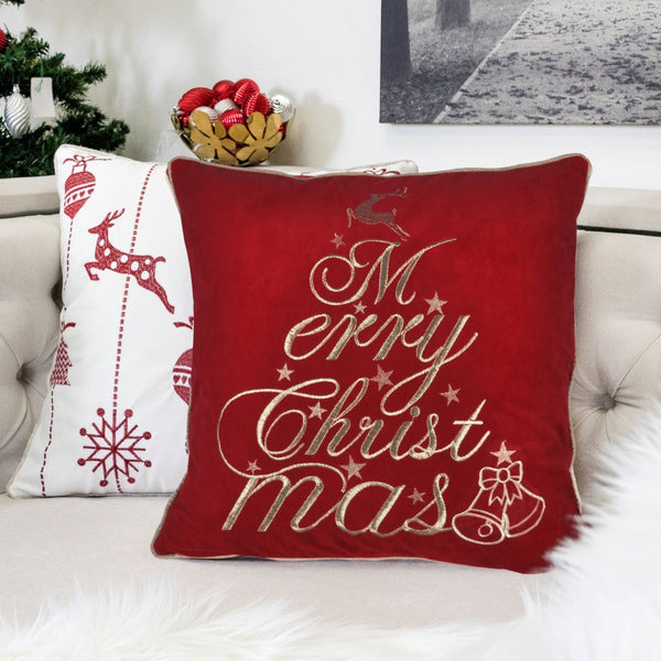 English Elm Red Velvet Christmas Throw Pillow – Luxurious 20X20 With Merry Christmas Embroidery & Cozy Support B357P361380-GIGA