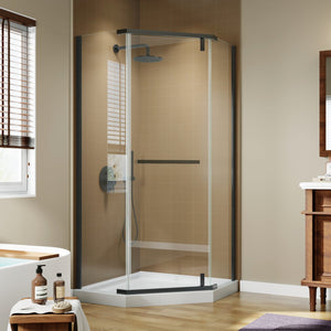 English Elm Corner Frameless Neo-angle Pivot Shower Enclosure with Tempered Glass and Sleek Hardware W637P348794