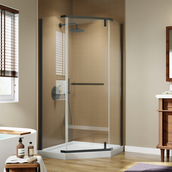 English Elm Corner Frameless Neo-angle Pivot Shower Enclosure with Tempered Glass and Sleek Hardware W637P348794