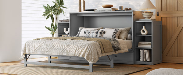 English Elm Queen Murphy Wall Bed with Open Shelves and Drawers for Guest or Office Rooms Light Gray W5316S00008