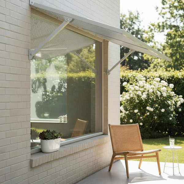 English Elm Haze Aluminum Exterior Awning White Powder Coat Finish for Entryways and Patio Doors B2755P462228