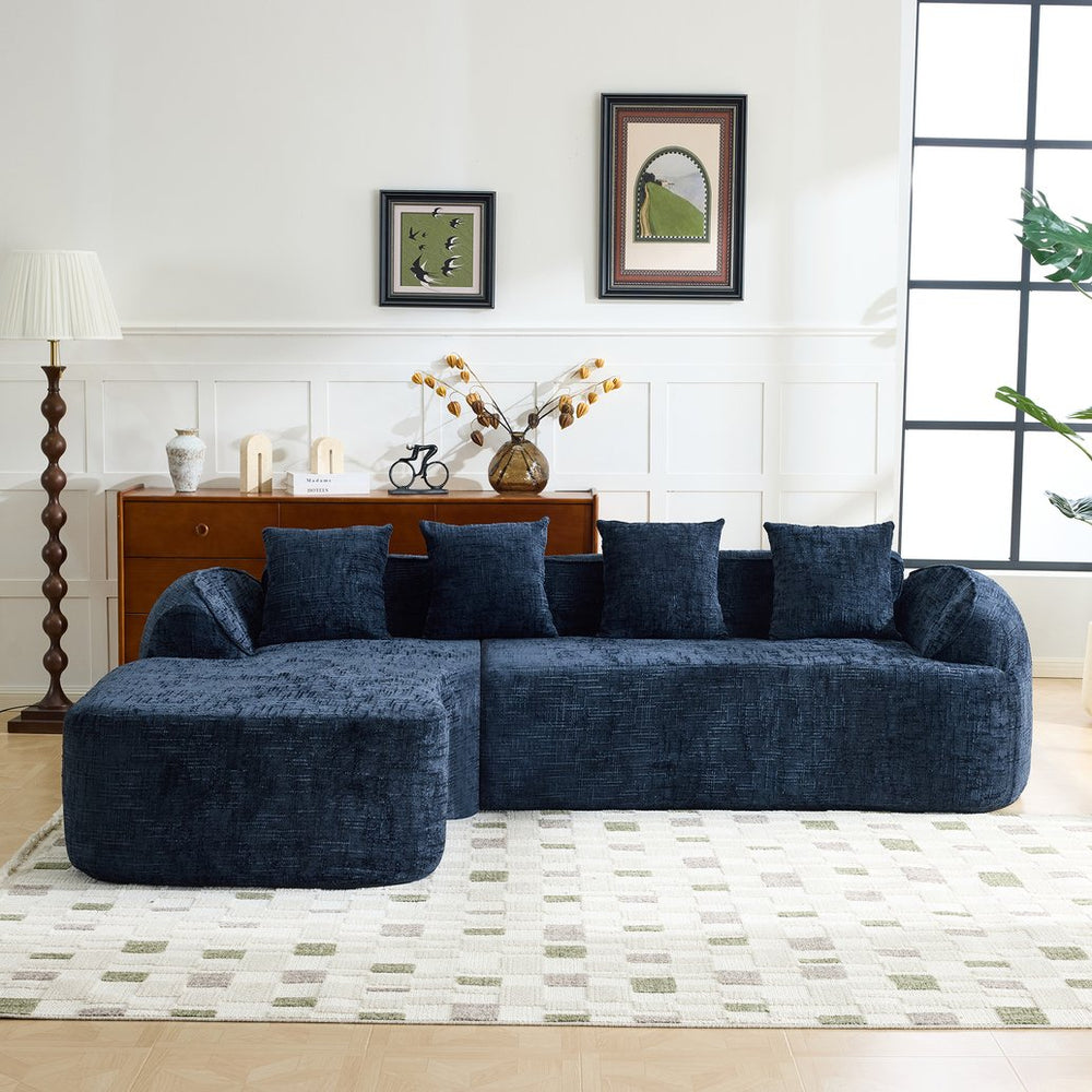 English Elm Beige Chenille L-shaped Sectional Sofa with Chaise Deep Seating and Curved Armrests Dark Blue W3612S00031