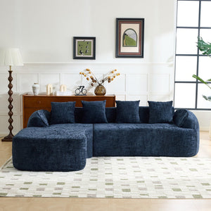 English Elm Beige Chenille L-shaped Sectional Sofa with Chaise Deep Seating and Curved Armrests Dark Blue W3612S00031