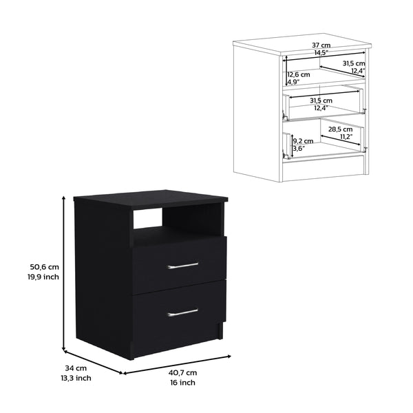 English Elm Nightstand with Two Drawers and Sturdy Four-Leg Frame, Superior Top, Compact 26.62" W Surface Black 22.83 L x 17.32 W x 5.91 H B097133152