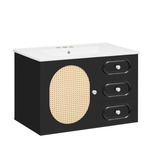 English Elm 30" Mid-Century Bathroom Vanity with Ceramic Sink, Rattan Accent, 2 Soft-Close Drawers, Large Storage Space N710P265954B