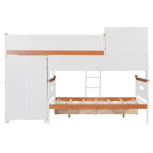 English Elm Twin Over Full Wooden Bunk Bed With Stylish Storage, Led Light, Drawers, And Wardrobe In White & Orange N820S00063K-GIGA