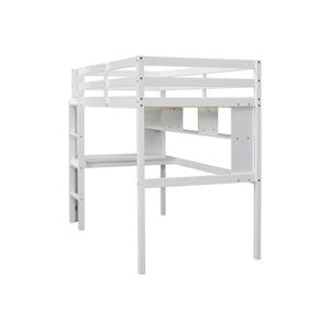 English Elm Twin Loft Bed with Built-In Desk and Bookcase, Pine Frame, Safety Guardrail, Ladder for Study Space White W504P181854