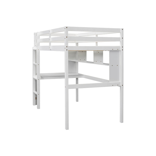 English Elm Twin Loft Bed with Built-In Desk and Bookcase, Pine Frame, Safety Guardrail, Ladder for Study Space White W504P181854