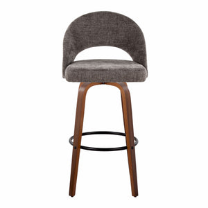 English Elm Fixed-height Mid-century Barstools with Walnut Legs and Grey Upholstered Seats Set B202S01932