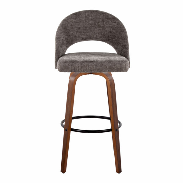 English Elm Fixed-height Mid-century Barstools with Walnut Legs and Grey Upholstered Seats Set B202S01932