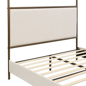 English Elm Queen Canopy Bed Linen Upholstered Iron Frame Open Silhouette Bedroom Focal Point N757Q343424I