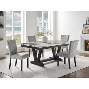 English Elm Panda Oceanic Black Faux Marble Dining Set with Trestle Base and 4 Padded Grey Fabric Chairs - Sturdy Elegance B201S00385