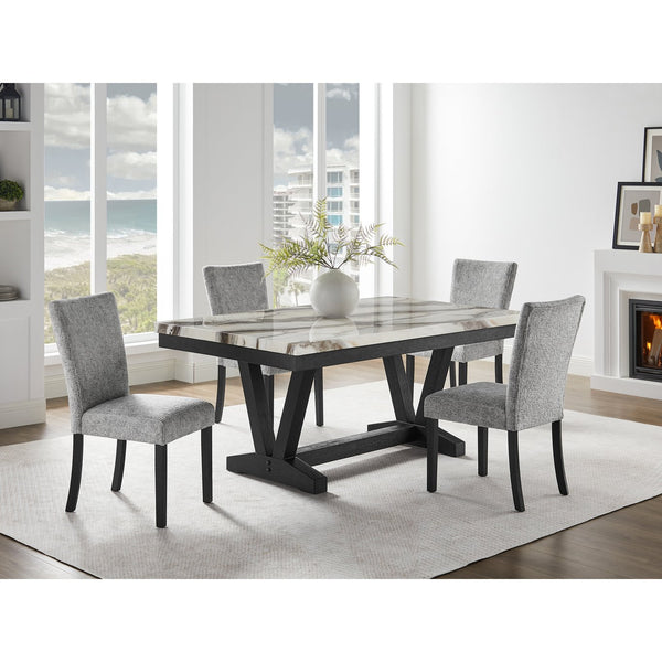 English Elm Panda Oceanic Black Faux Marble Dining Set with Trestle Base and 4 Padded Grey Fabric Chairs - Sturdy Elegance B201S00385