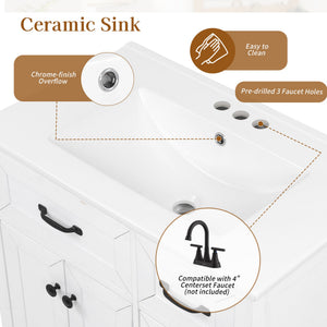 English Elm [video] 30 Inch Freestanding Bathroom Vanity White Mdf Pine Legs Ceramic Sink Soft Close N759P394442K