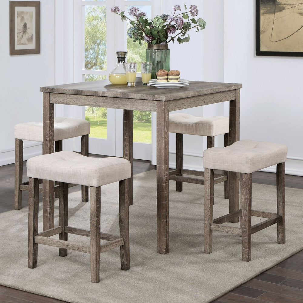 English Elm Transitional 5pc Counter Height Dining Set – Gray Farmhouse Table with 4 Beige Linen-Like Tufted Stools B011P230005
