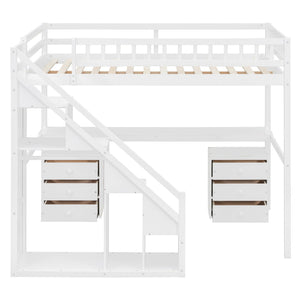 English Elm Full Size Loft Bed with Desk Drawers Led Strip and Staircase for Teen Rooms White LT000258AAK-1