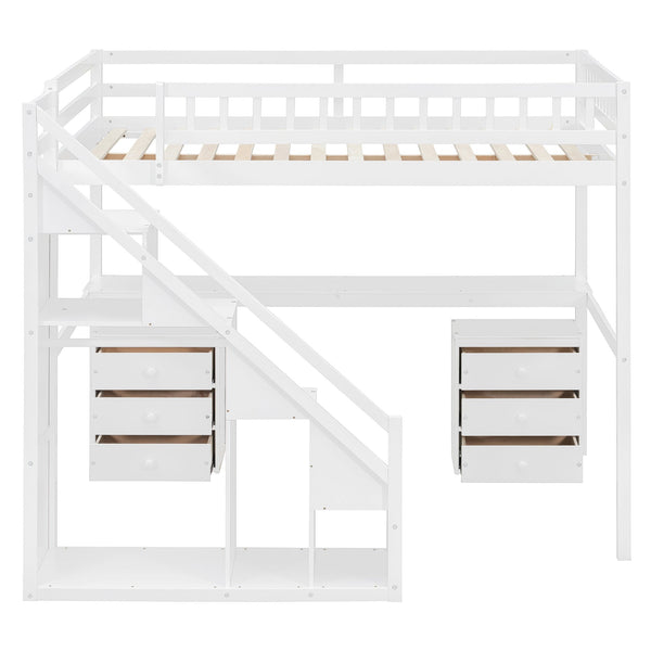 English Elm Full Size Loft Bed with Desk Drawers Led Strip and Staircase for Teen Rooms White LT000258AAK-1