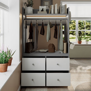 English Elm Twin Bunk Bed with Storage Drawers Hanging Rail Led Shelves and Pegboard Organizer Gray LT000282AAE