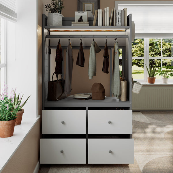 English Elm Twin Bunk Bed with Storage Drawers Hanging Rail Led Shelves and Pegboard Organizer Gray LT000282AAE