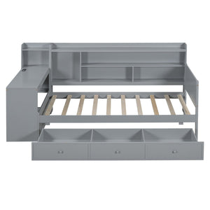 English Elm Twin Size Multifunctional Wooden Daybed With Usb Ports, Desk & 3 Storage Drawers In Gray Finish N820S00017E-GIGA