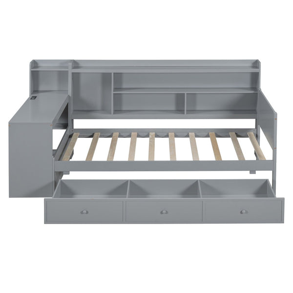 English Elm Twin Size Multifunctional Wooden Daybed With Usb Ports, Desk & 3 Storage Drawers In Gray Finish N820S00017E-GIGA